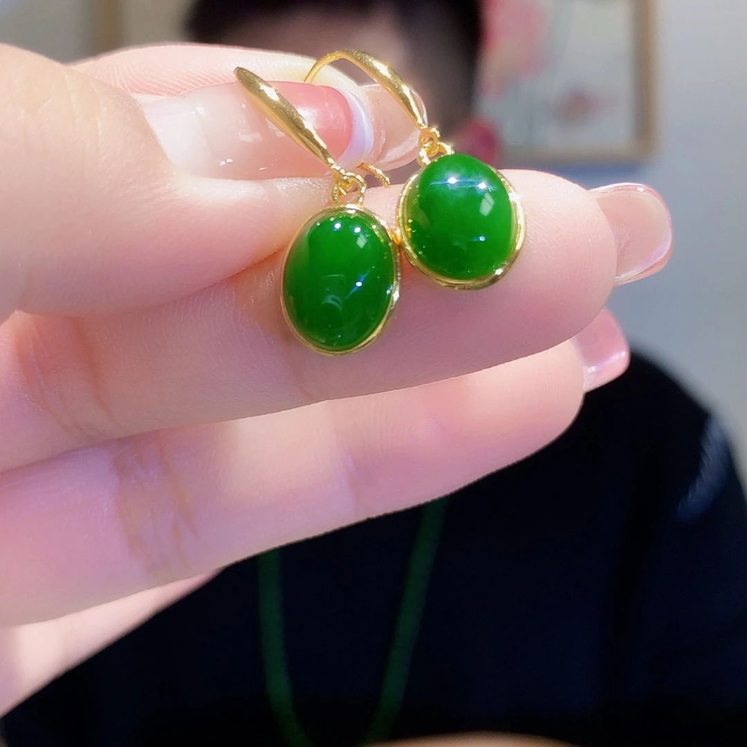 和田玉（碧玉）耳饰银S925镀金镶嵌