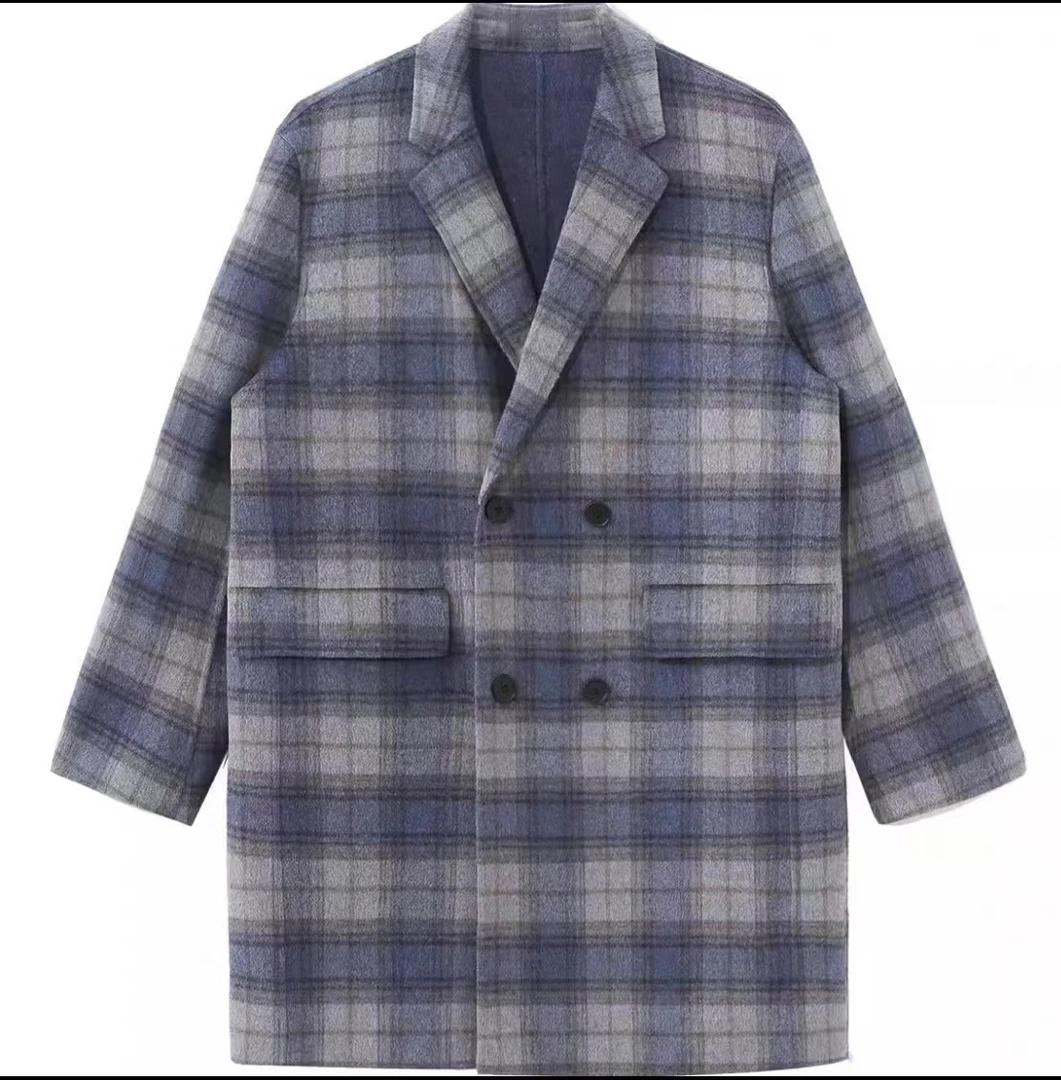 E2302 男士复古格纹双面呢大衣