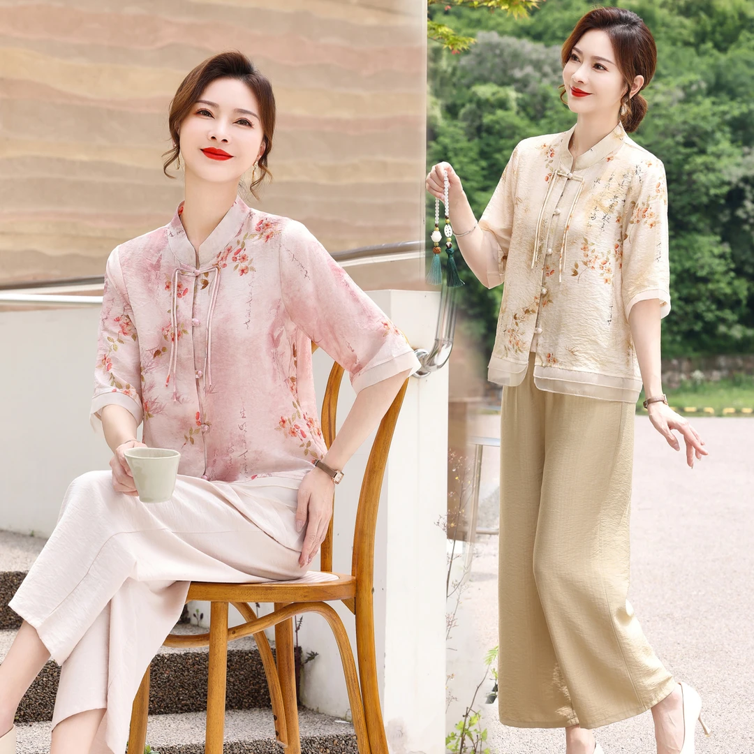 母亲节衣服妈妈夏装套装上衣短袖中老年女装时尚新中式洋气两件套