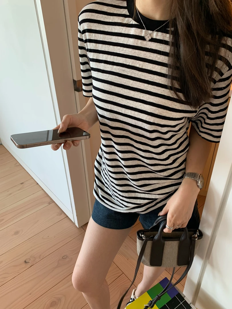 BIG WHITE REMADE“条纹韵感”亚麻高级感条纹圆领T恤D5L521