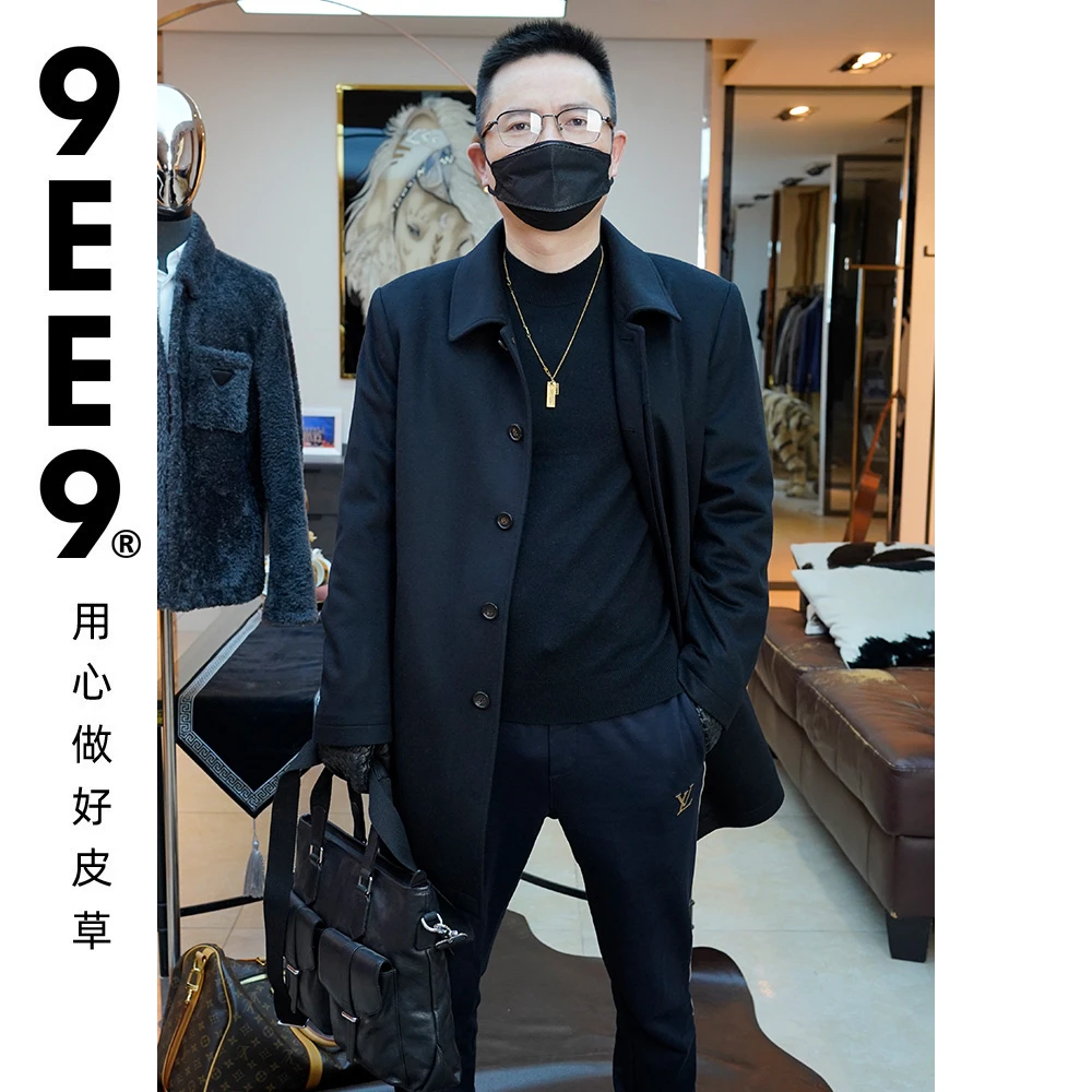 LP高端山羊绒水貂内胆外套男时尚休闲袖骆驼黑色中长款2459-1