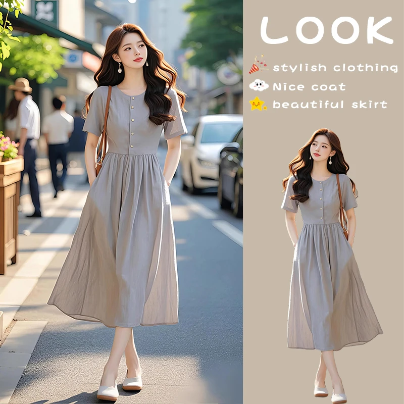 今年流行高级感法式气质时尚极简长裙灰色棉麻显瘦连衣裙子女夏季