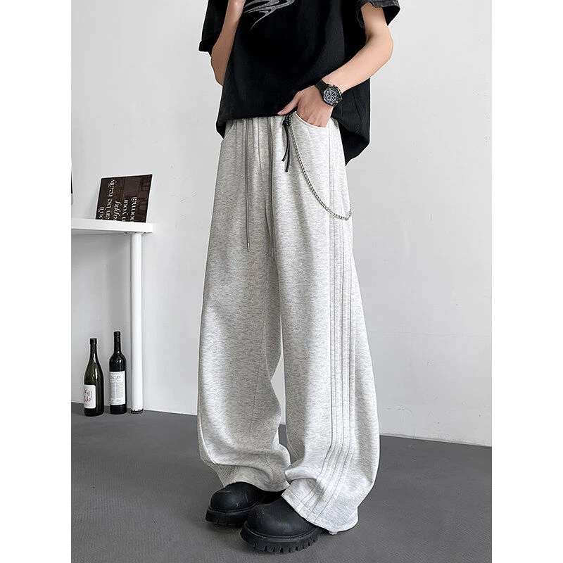 美式弯刀休闲裤男生春季三条杠垂感卫裤潮流宽松运动直筒裤