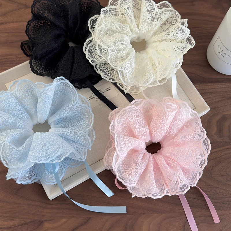 可抽拉调节刺绣蕾丝双层发圈女芭蕾风活动式抽绳丝带头花发绳头绳