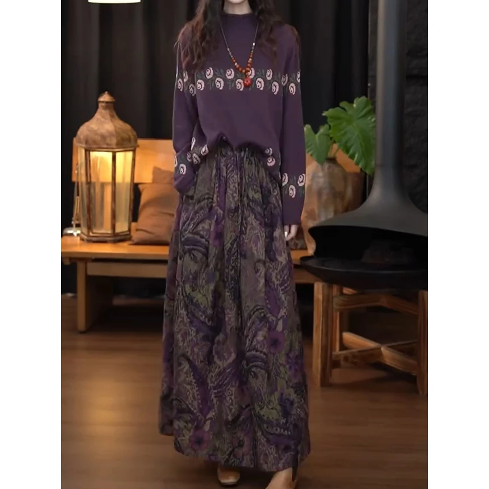 网红洋气炸街套装女2025新高级时尚洋气印花针织衫高腰显瘦半身裙