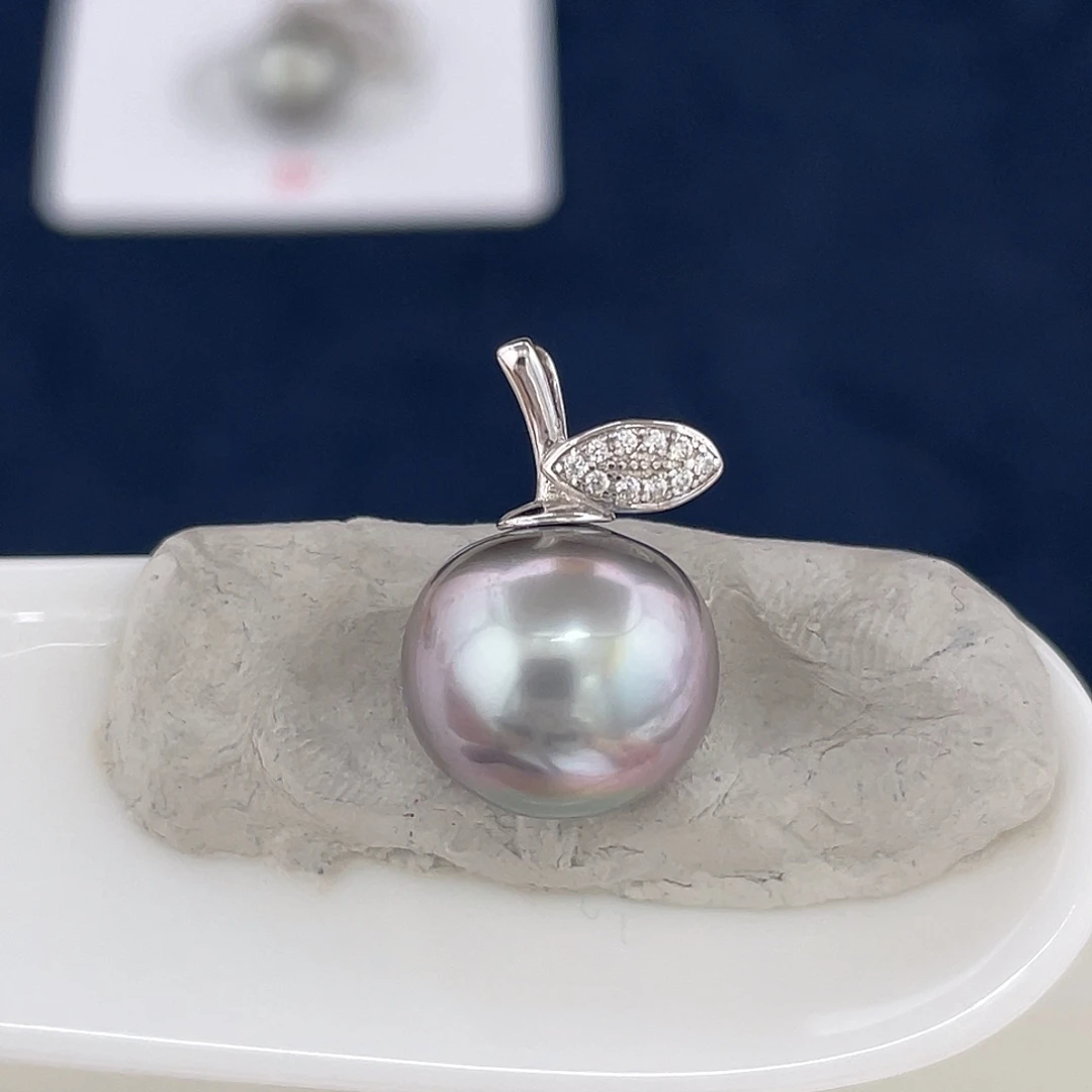 银S925镶嵌海水珍珠12-13铂金灰吊坠定制不退不换