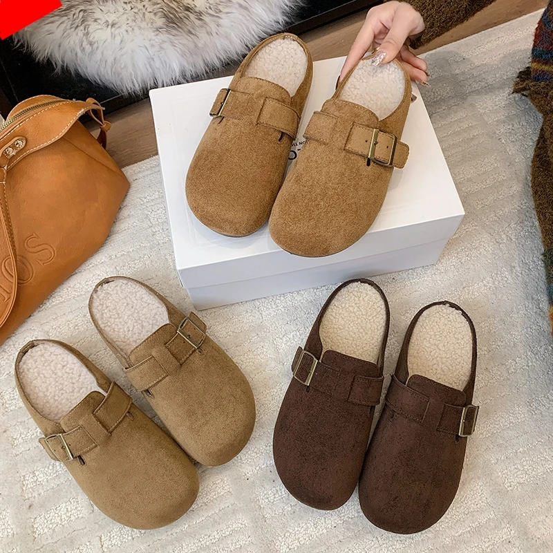 加绒勃肯鞋女外穿2025秋冬新款平底一脚蹬懒人棉鞋百搭包头半拖鞋