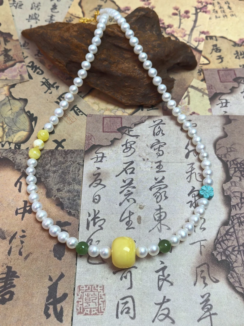 【蜜语】天然原矿 俄料蜜蜡墩子 淡水珍珠锁骨链5mm