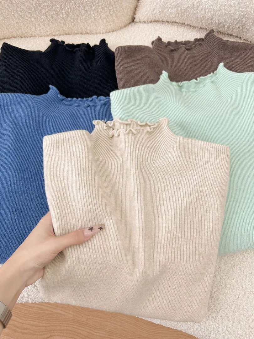 奶油打底少女风木耳领针织慵懒风毛针织衫半高领百搭洋气时尚上衣