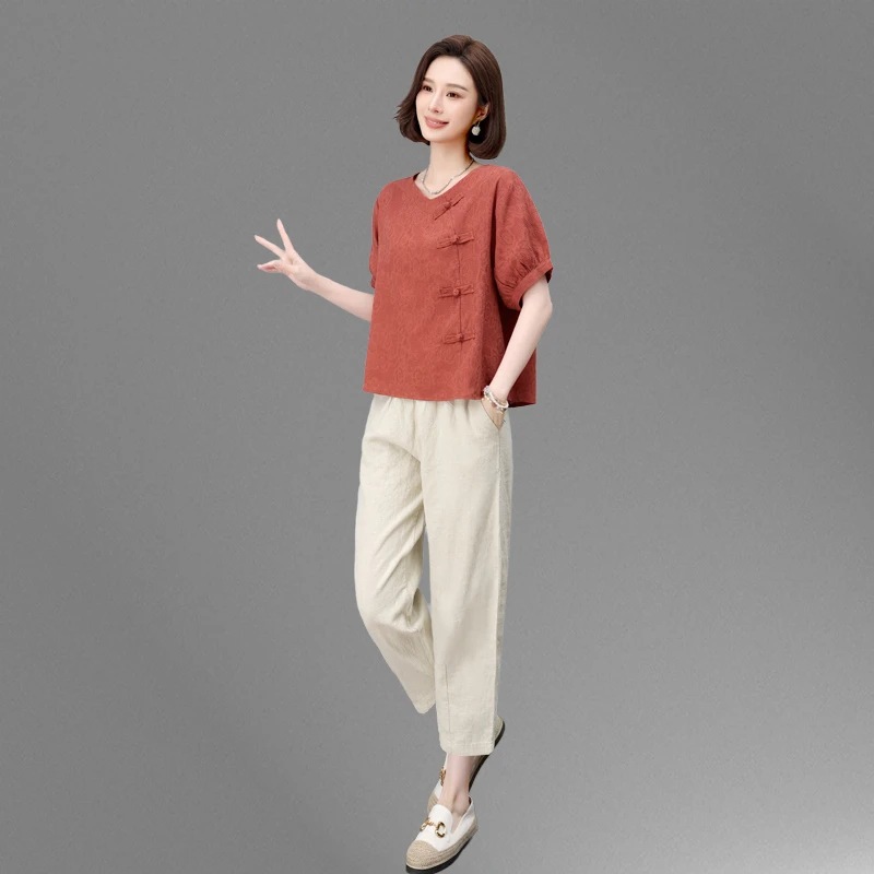 时尚休闲棉麻裤套装女夏季大码宽松穿搭一整套洋气妈妈国风两件套