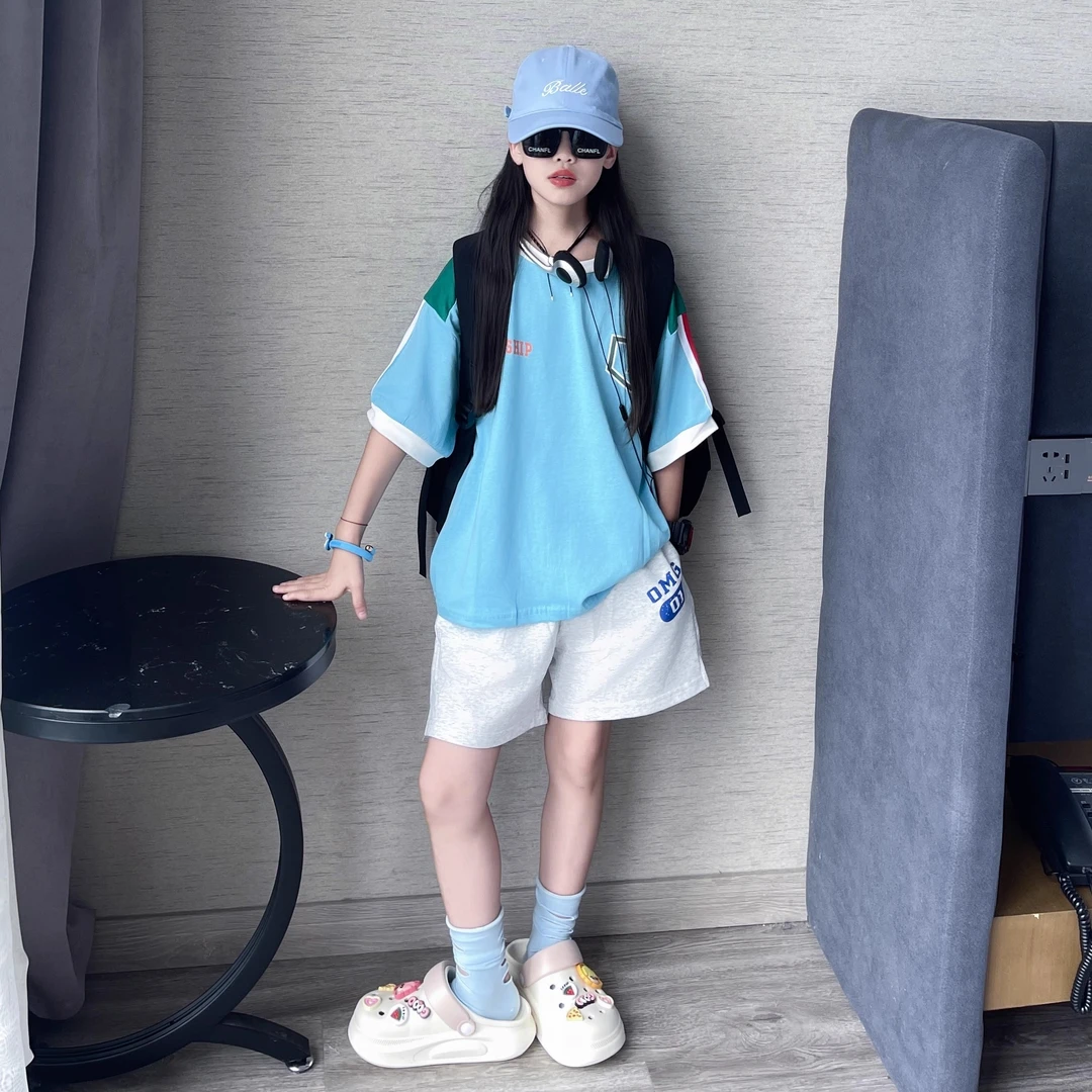 女童夏装运动套装2025新款洋气女大童短袖t恤女孩短裤夏季两件套