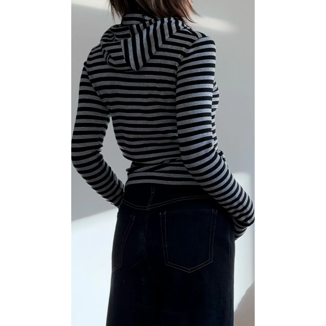 【不退不换】 修身显瘦套头帽衫撞色条纹针织打底衫6116