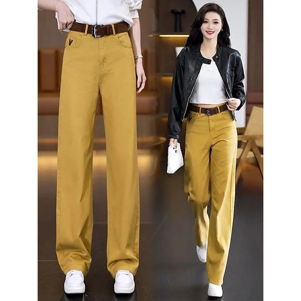 姜黄色窄版牛仔阔腿裤女2025春秋新款高腰宽松显瘦休闲百搭直筒裤