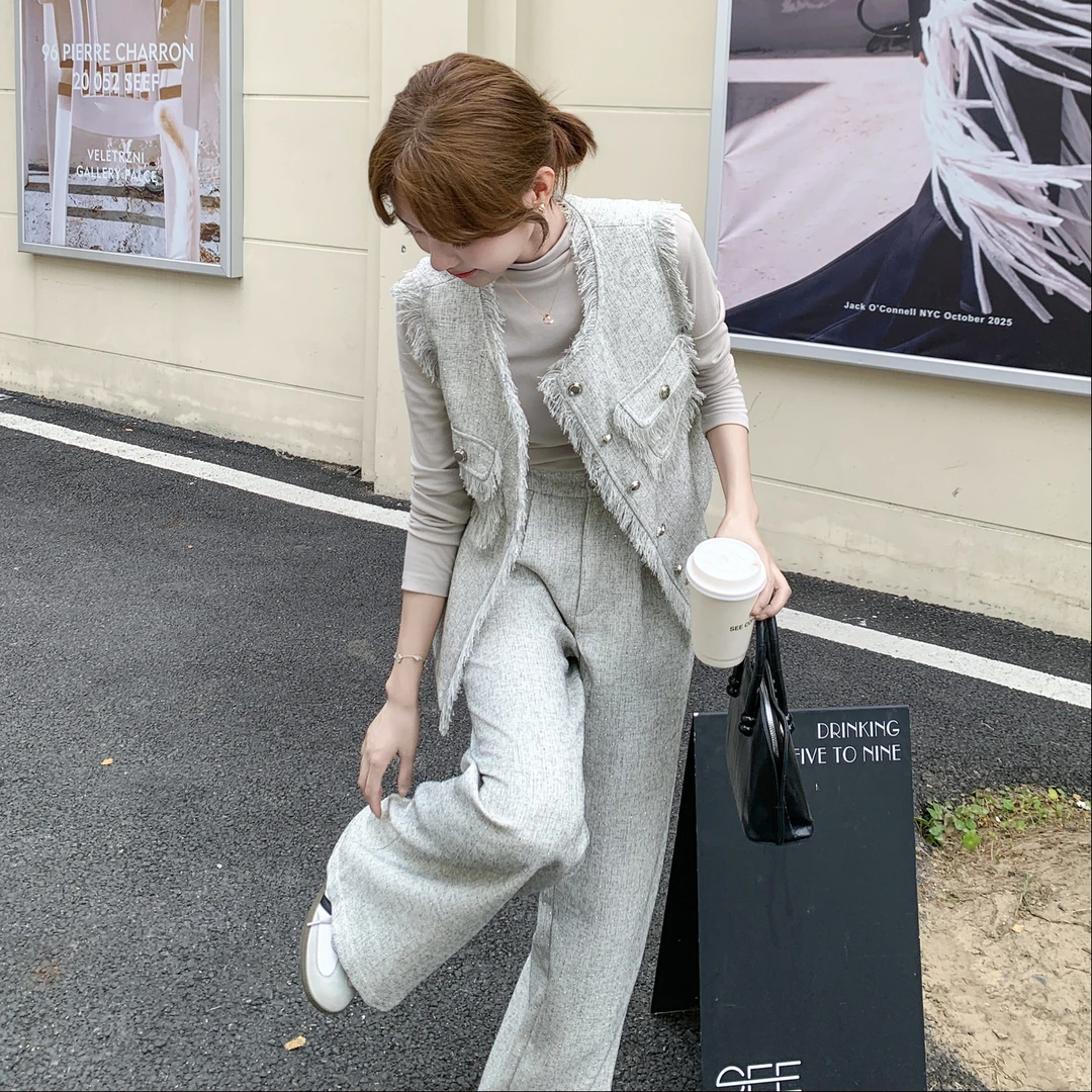 洋气流苏圆领马甲打底衫长裤套装女2025秋典雅贵气轻奢感三件套