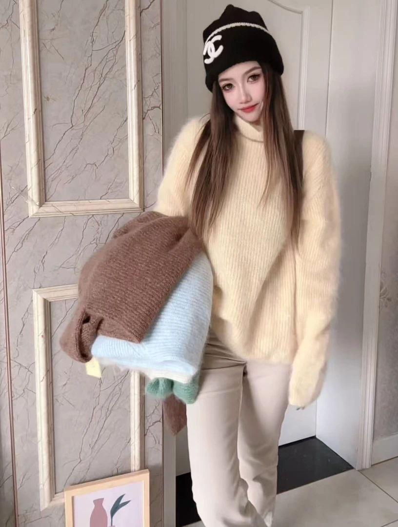 【100山羊绒】拉绒工艺251487-慵懒风时尚竖坑条素色高领针织套头衫