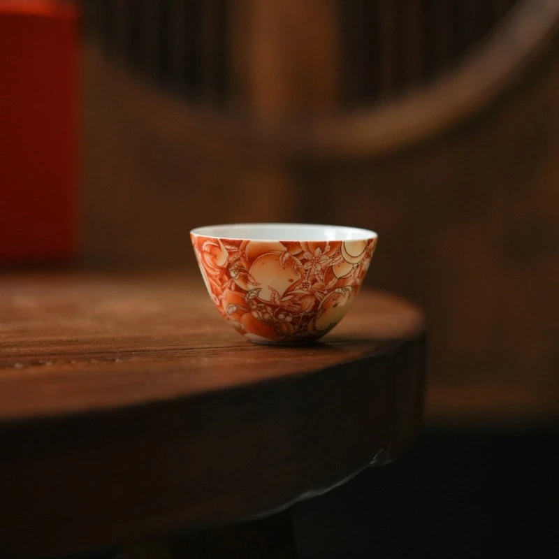 景德镇手作. 艺林藏珍矾红描金万桃圆心杯