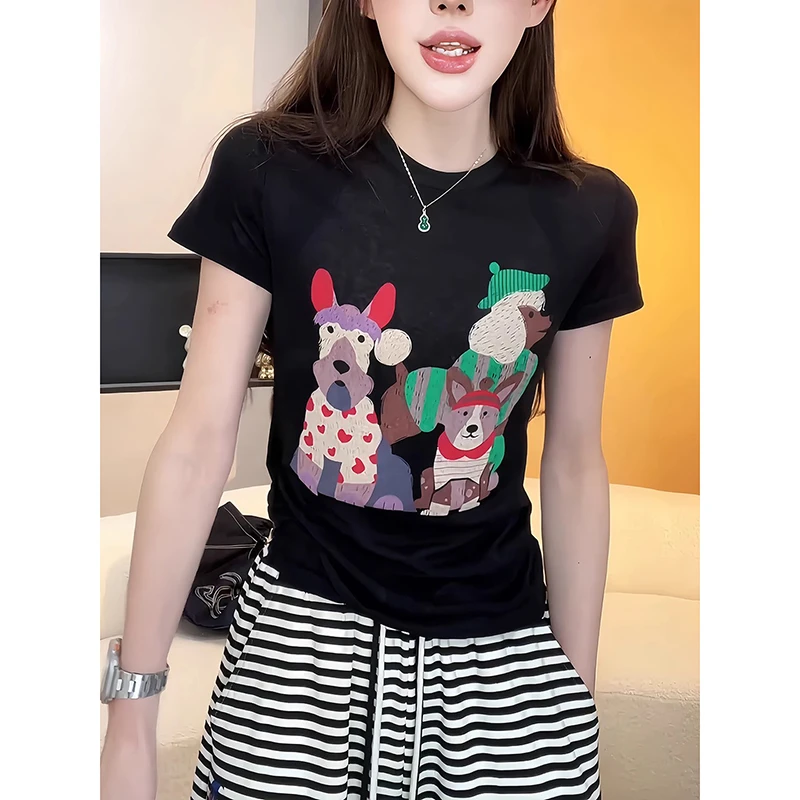 卡通小狗印花短袖T恤女夏季2025新款洋气时尚高级感chic别致上衣