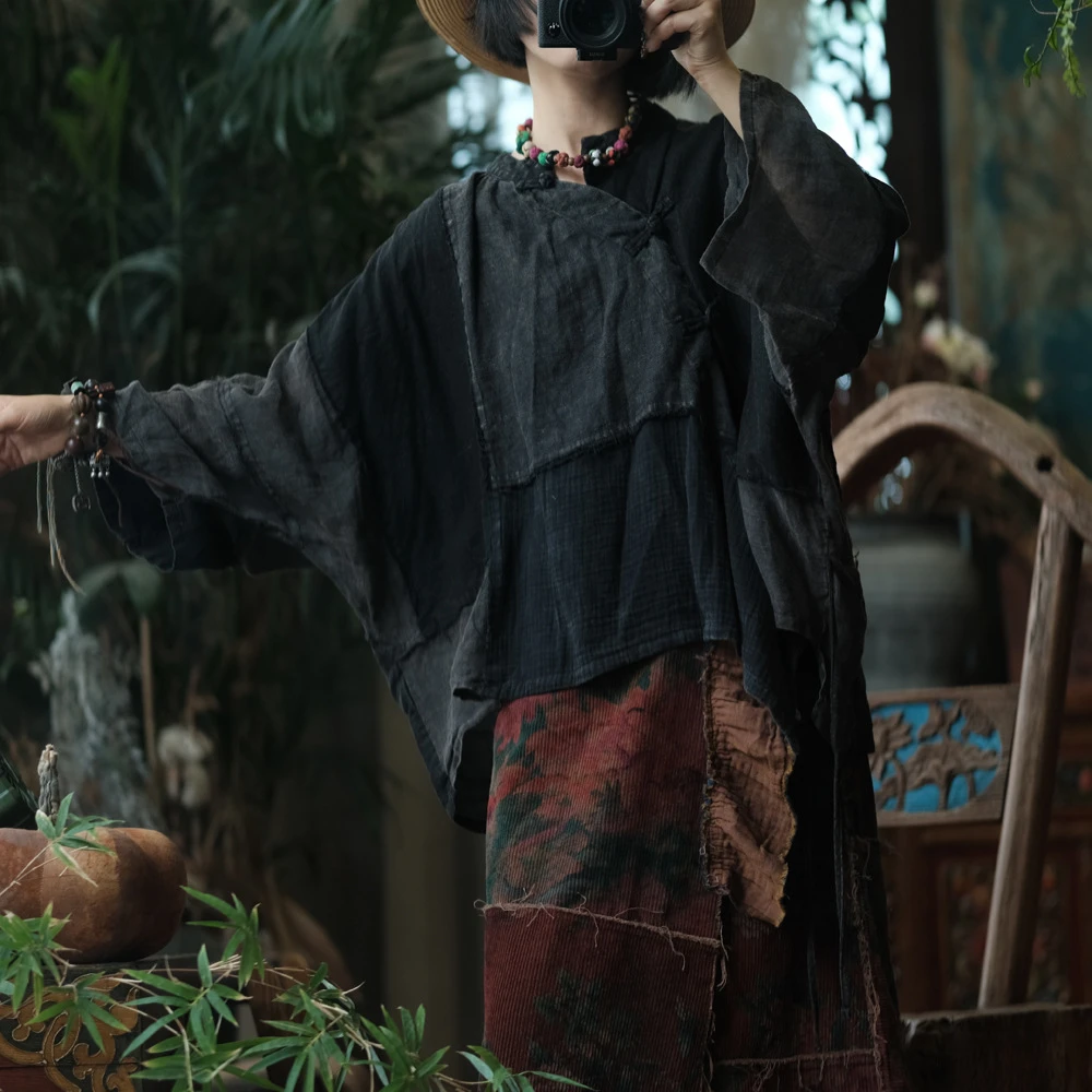 落古泥轻定制毛边斜襟盘扣宽松拼接麻衫复古文艺穿搭2085黑拼