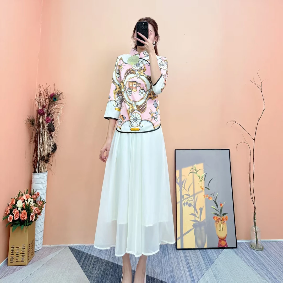 [依易原创]新中式气质缎面珍珠扣印花立领改良中式衬衣E1311