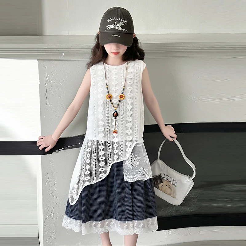 女童夏季无袖罩衫套装新款中大童洋气不规则蕾丝上衣阔腿裤三件套