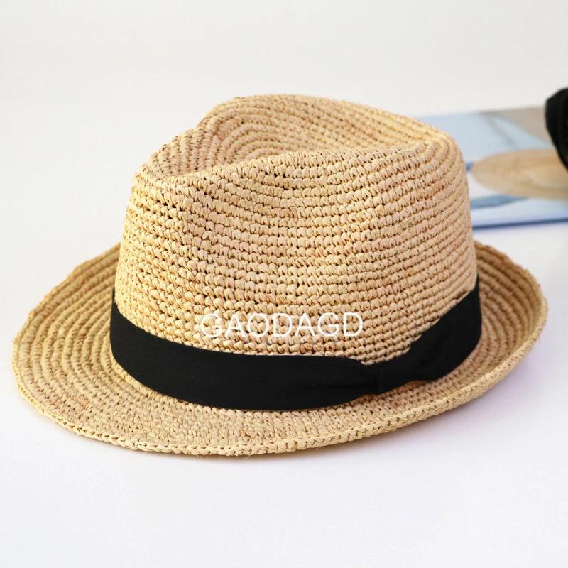 卷边礼帽 新款防晒遮阳蝴蝶结拉菲草编织草帽 草编小礼帽