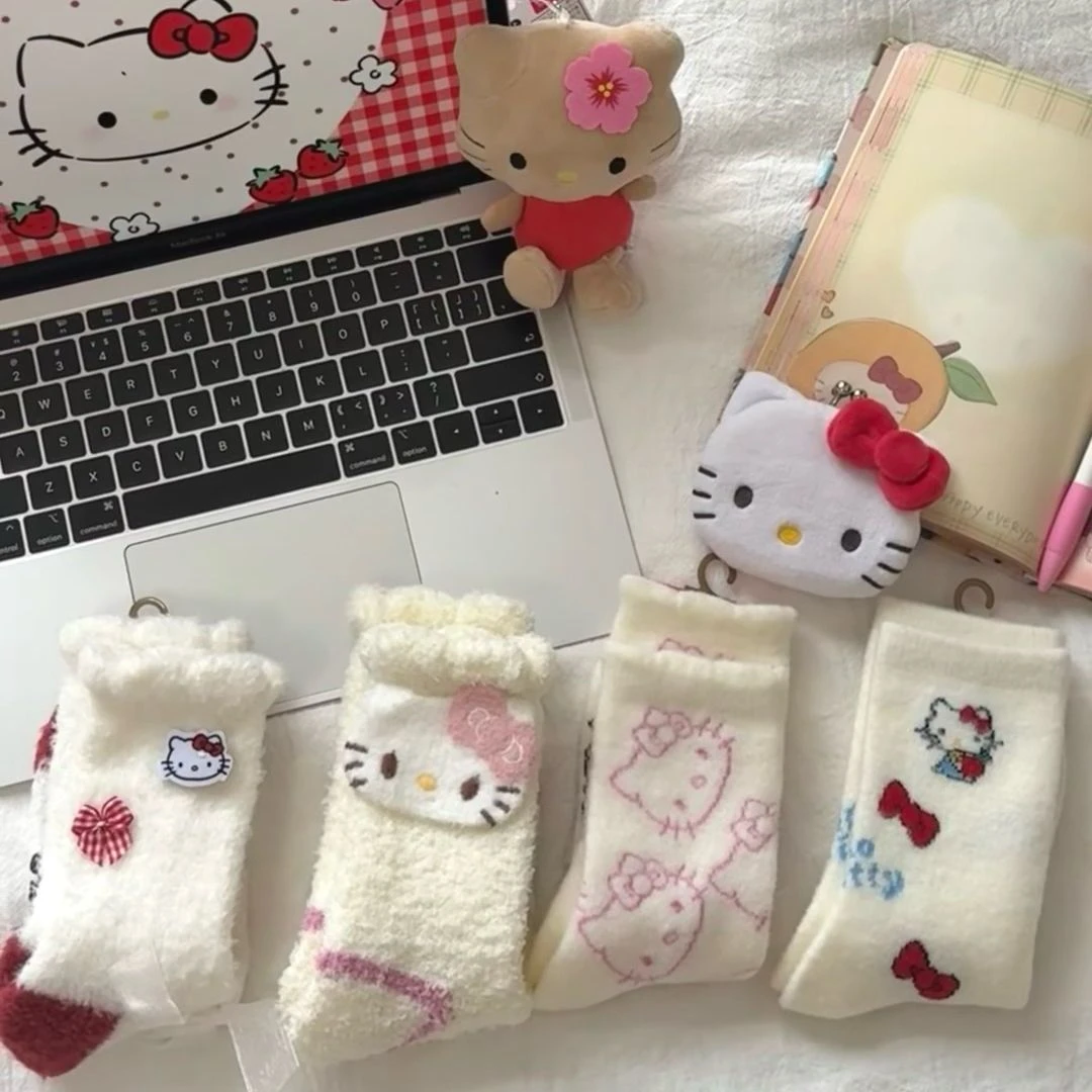 【新品】ins可爱厚袜子秋冬保暖卡通kt猫毛绒家居地板袜软糯中筒