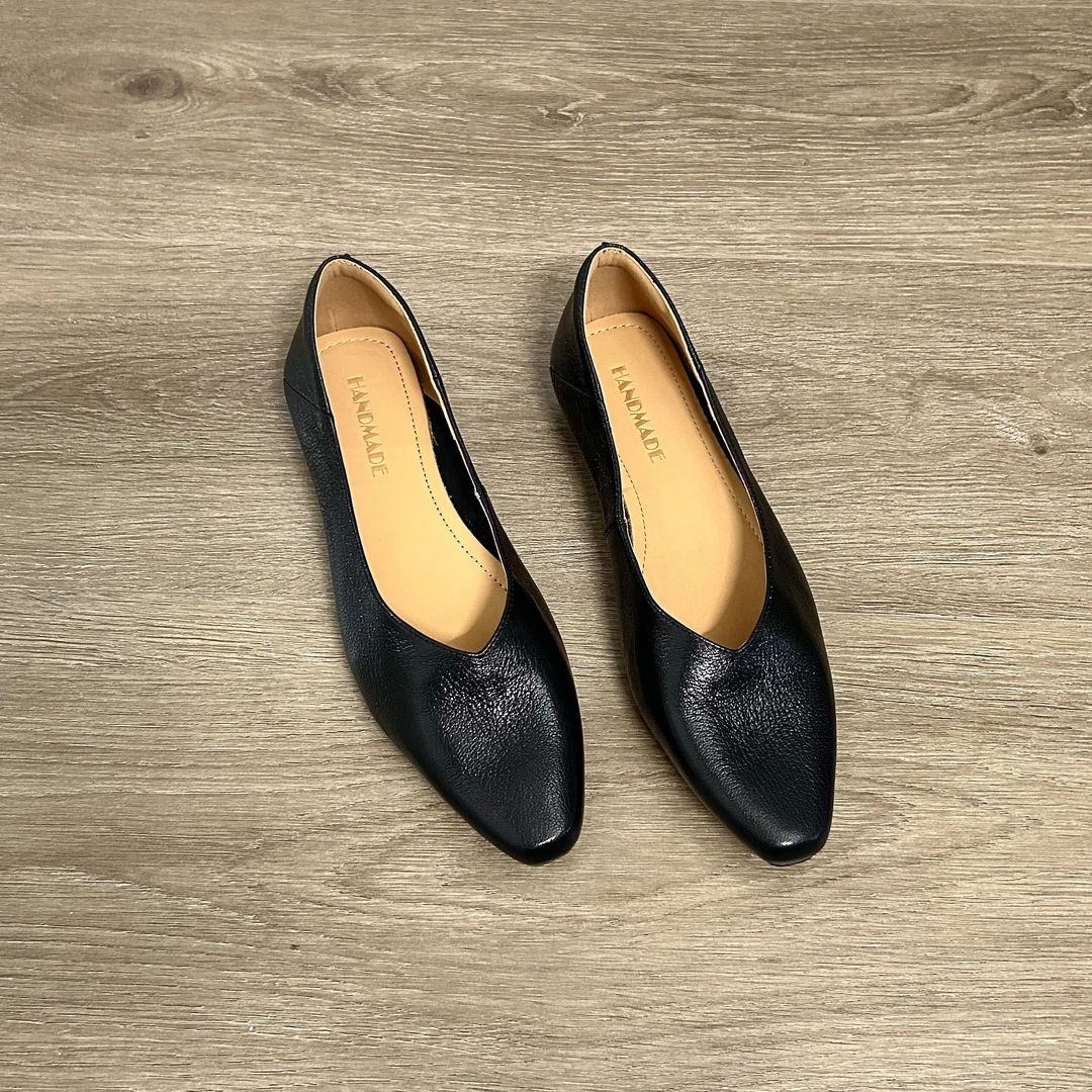 Dannyfrey复古尖头浅口单鞋懒人一脚蹬通勤平底鞋舒适软皮奶奶鞋