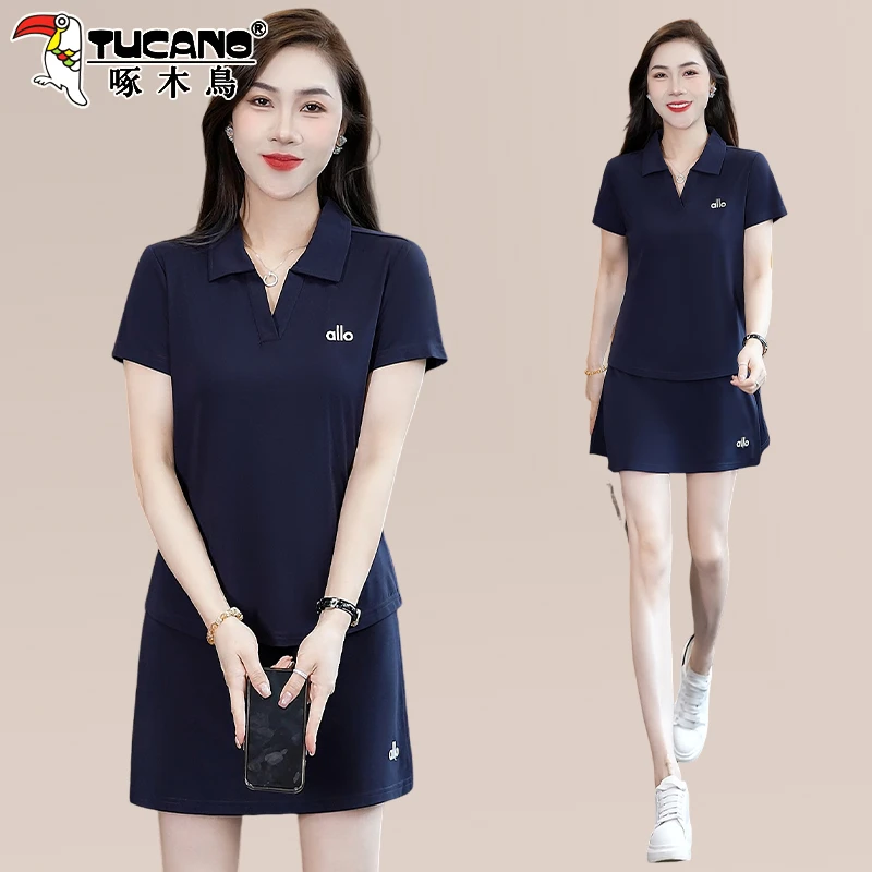 啄木鸟翻领短袖套装女2025新款夏季时尚洋气冰丝运动服裙裤两件套