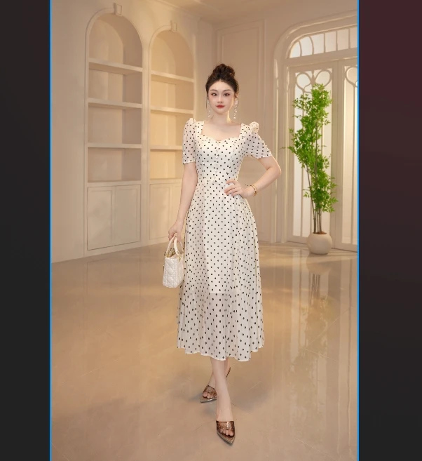 【显瘦定制】法式小香风波点方领气质名媛收腰时尚夏季连衣裙9042