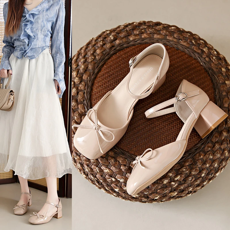 凉鞋女2025新款法式蝴蝶结夏季外穿一字带粗低跟女士中空包头凉拖