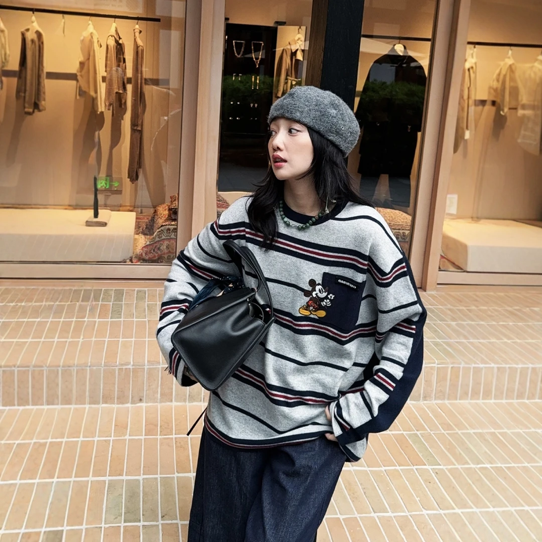 现货【ANM米奇条纹撞色羊绒毛衣】2025冬新品AB面圆领山羊绒毛衣女