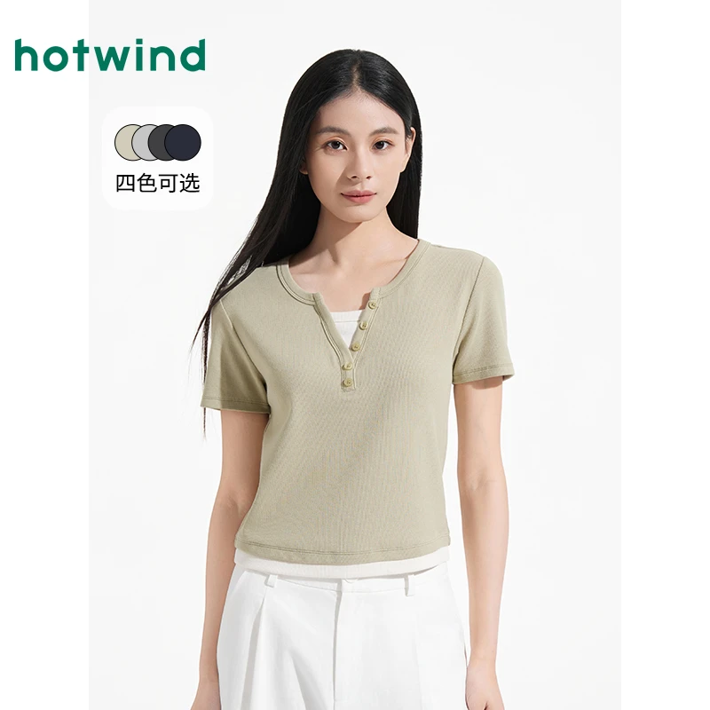 热风女士短袖T恤2025年夏季新款假两件短T设计感正肩v领内搭上衣