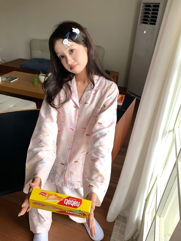 日系ins风少女甜美可爱卡通凯蒂猫睡衣女春秋长袖长裤家居服套装