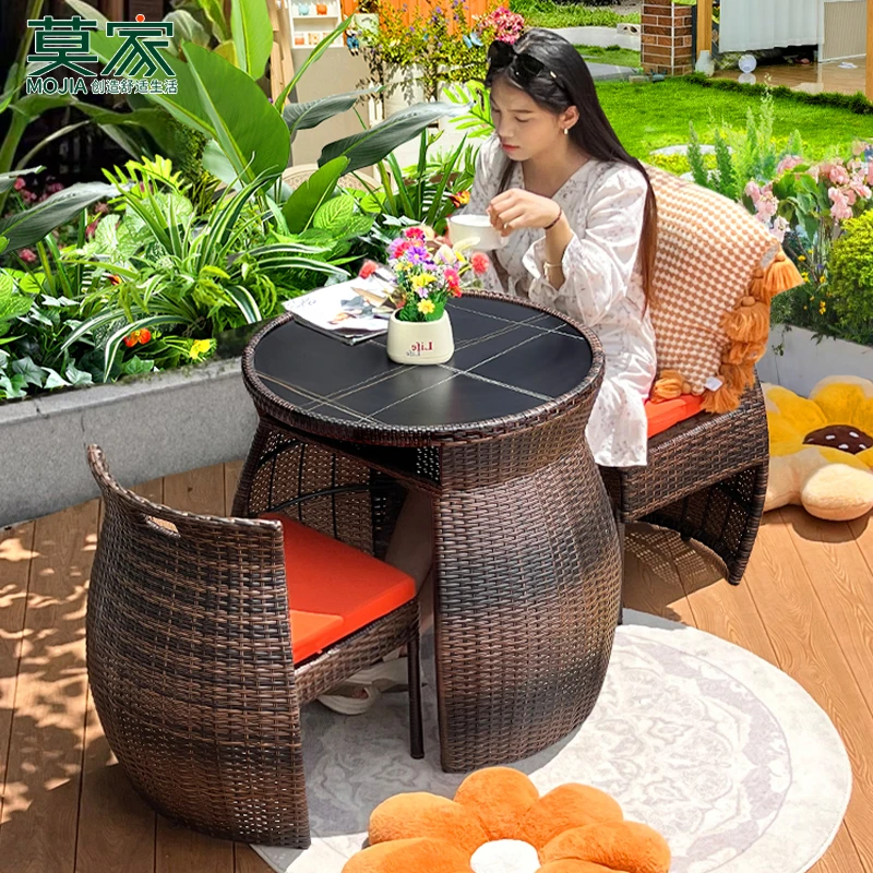 【莫家品牌】户外阳台藤编可收纳小桌椅露台花园家用便捷茶几组合