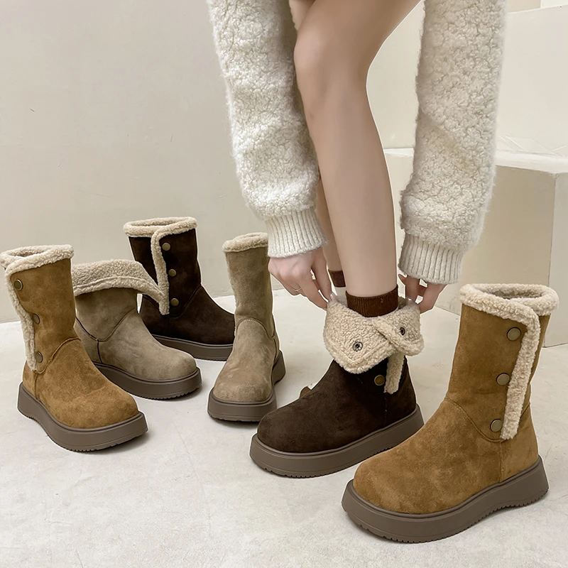 OJRZ厚底雪地靴女2025新款秋冬复古两穿加绒加厚毛毛鞋保暖棉鞋女