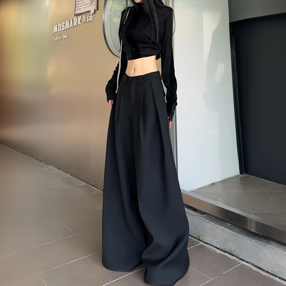 高级感黑色西装休闲裤女2025夏季薄款宽松垂感拖地直筒高腰阔腿裤