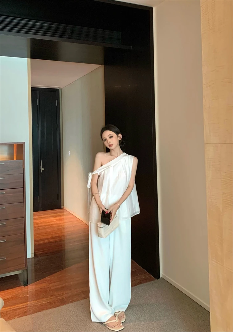 时尚假日设计感蝴蝶结斜肩甜美显瘦宽松上衣舒适阔腿裤套装A792#