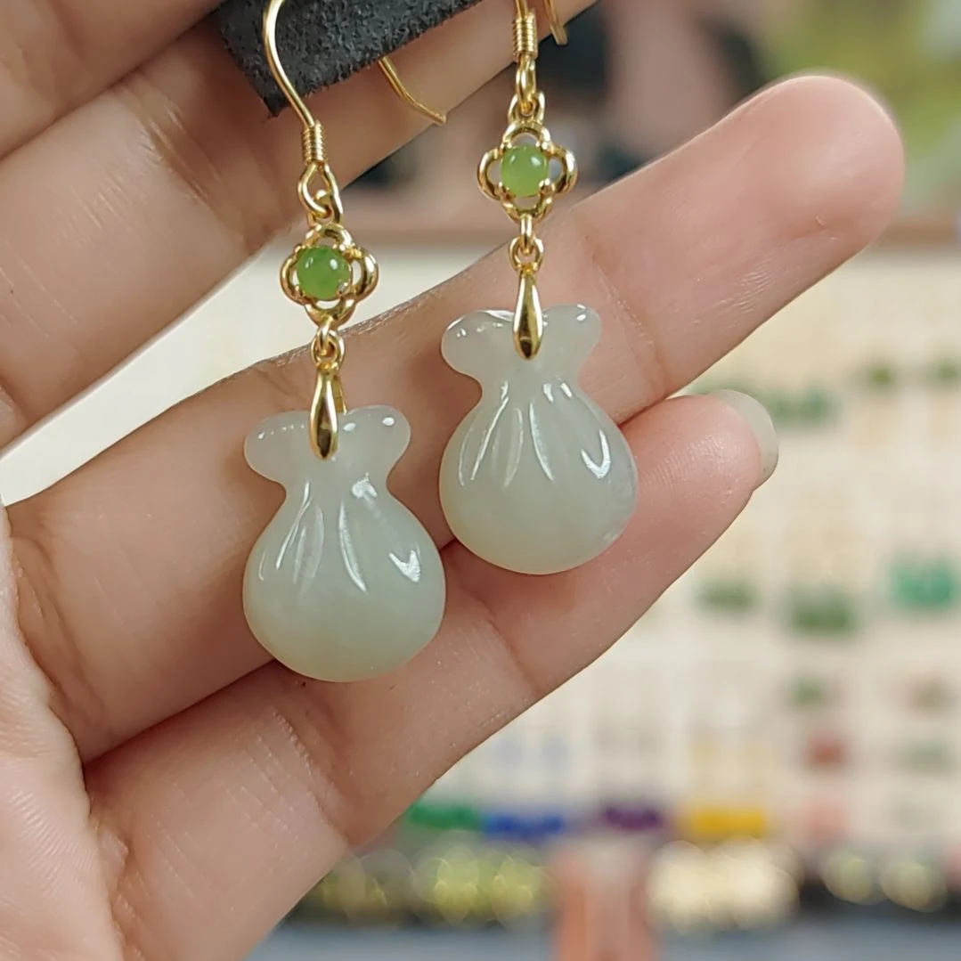 和田玉耳饰银S925镶嵌耳饰