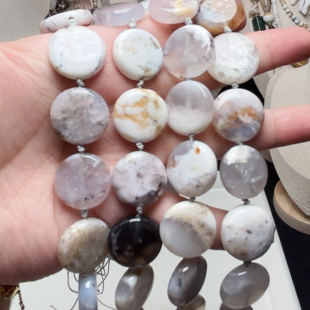 玛瑙/玉髓未镶嵌珠宝半成品k348圆形切片樱花玛瑙20mm