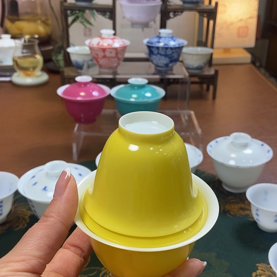 文*脱胎瓷高温手工超薄胎单色釉柠檬黄套组优惠价