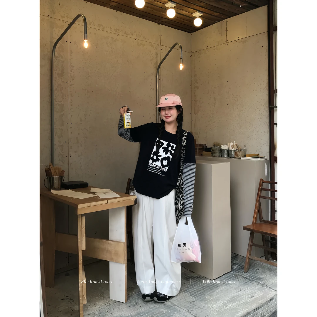 知葵微胖定制【涂鸦画框】早秋韩版拼接长袖t恤女爆款12253T9136