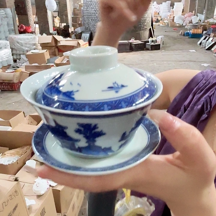 摆件景德镇高温陶瓷梧桐三才盖碗