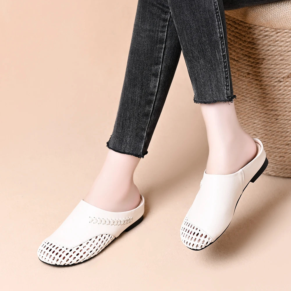 头层牛皮夏季包头镂空舒适粗跟纯色日常高跟透气凉拖时尚百搭拖鞋