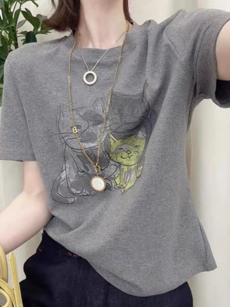 王永家~夏季新款韩版猫咪印花简约短袖T恤88111