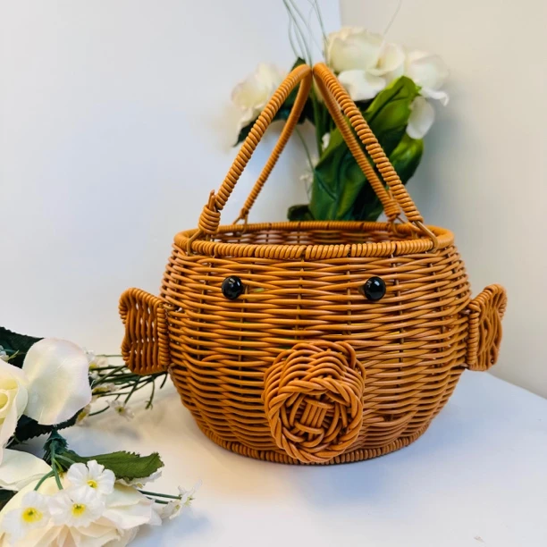 小猪菜篮子采摘提篮户外野餐篮编织水果零食篮花篮外出茶具收纳篮