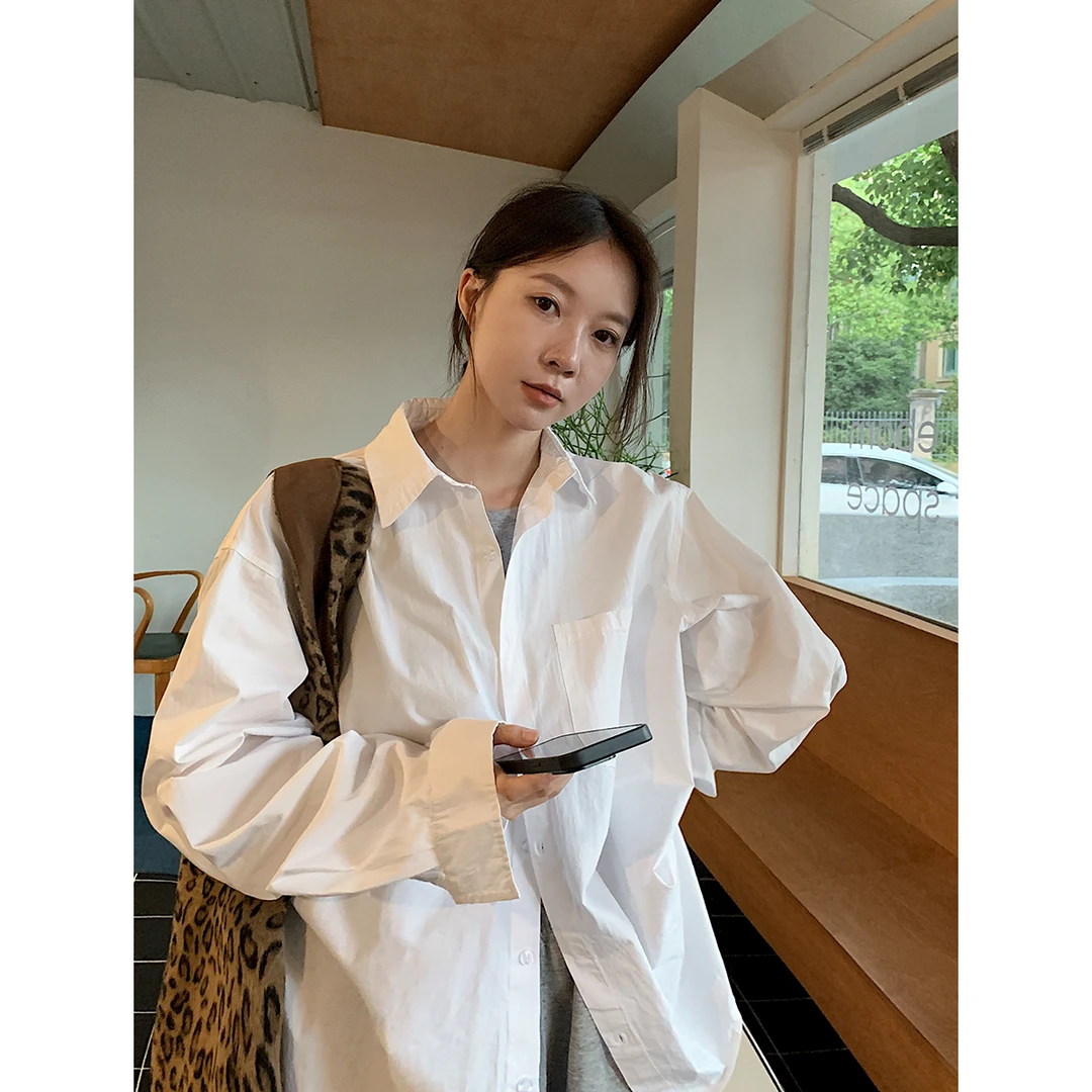Vswhat「韩女天菜」白色衬衫外套百搭衬衣宽松慵懒风上衣亚麻