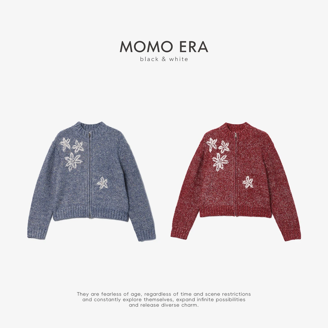 13378 KS 重工刺绣花朵立领羊毛开衫MOMOERABLACK&WHITE