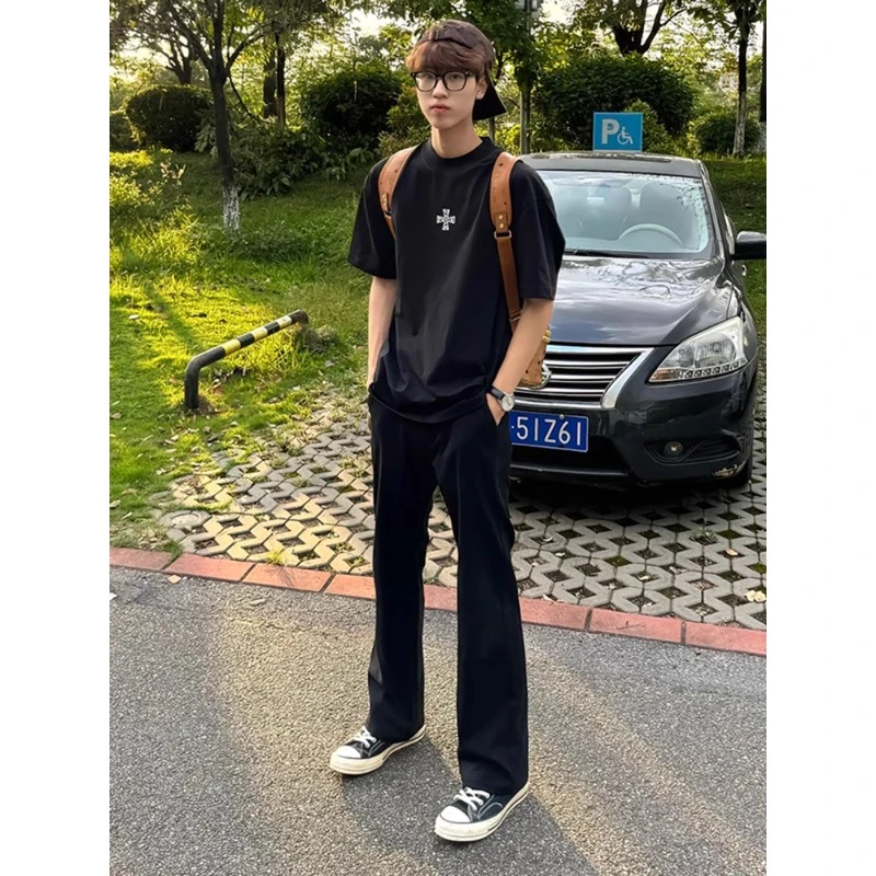 黑色加绒微喇西裤男秋冬季美式高街潮牌休闲裤子hiphop休闲直筒裤