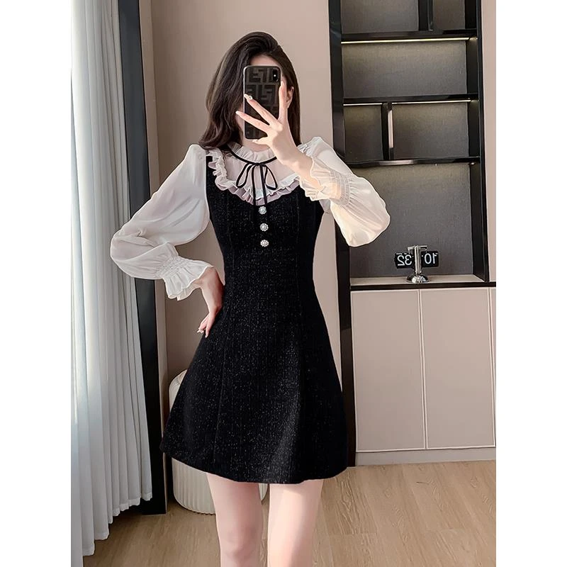 法式名媛御姐风亮丝灯芯绒假两件连衣裙子女春秋冬季2025新款气质