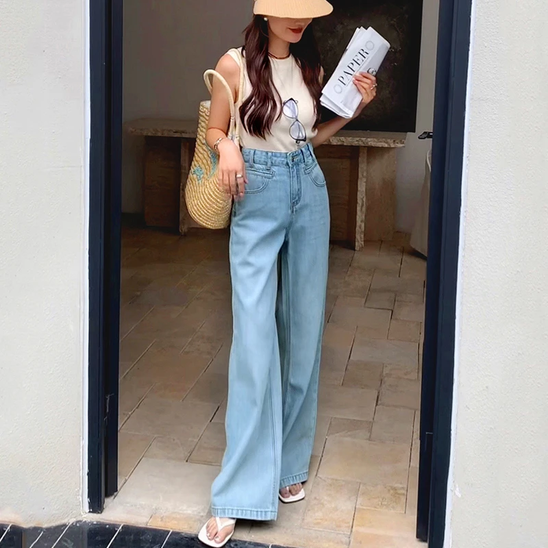 美思源天丝阔腿牛仔裤女喇叭裤2025夏季新款直筒高腰垂感拖地裤薄